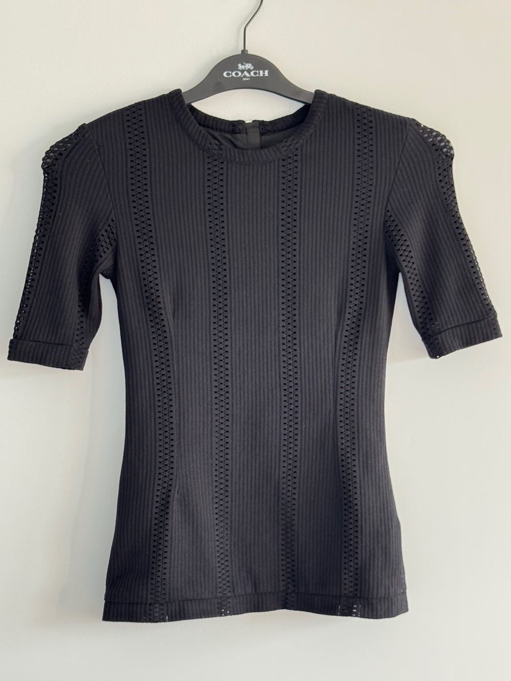 rag & bone Black Ribbed Pointelle Knit Short Sleeve Top XS Zip Back